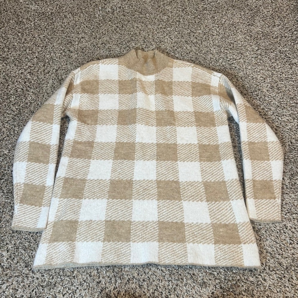 LOFT Women's Beige White Buffalo Check Mock Neck Sweater Size S